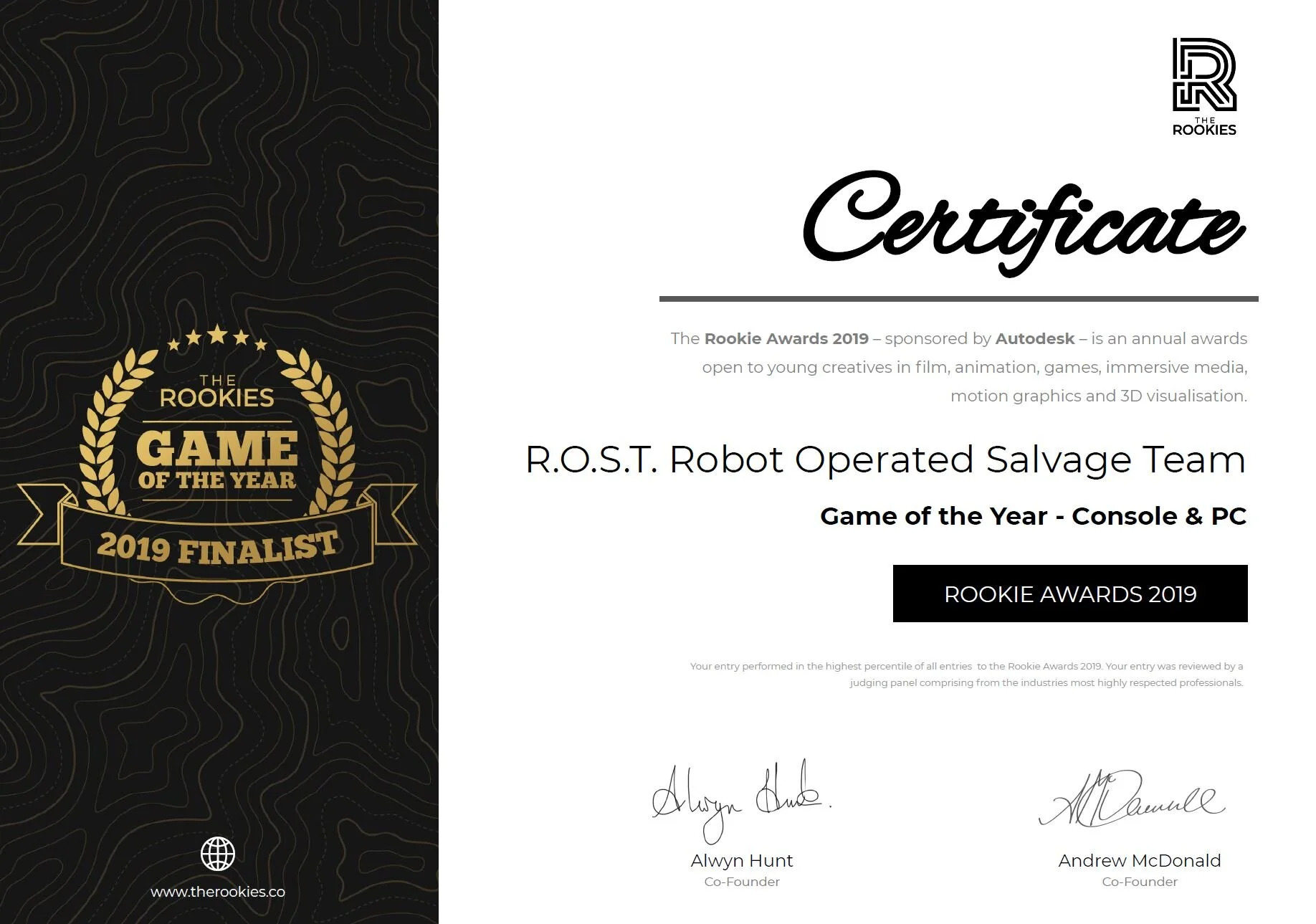 Zertifikat R.O.S.T. – Finalist Rookie Game Of The Year Awards 2019